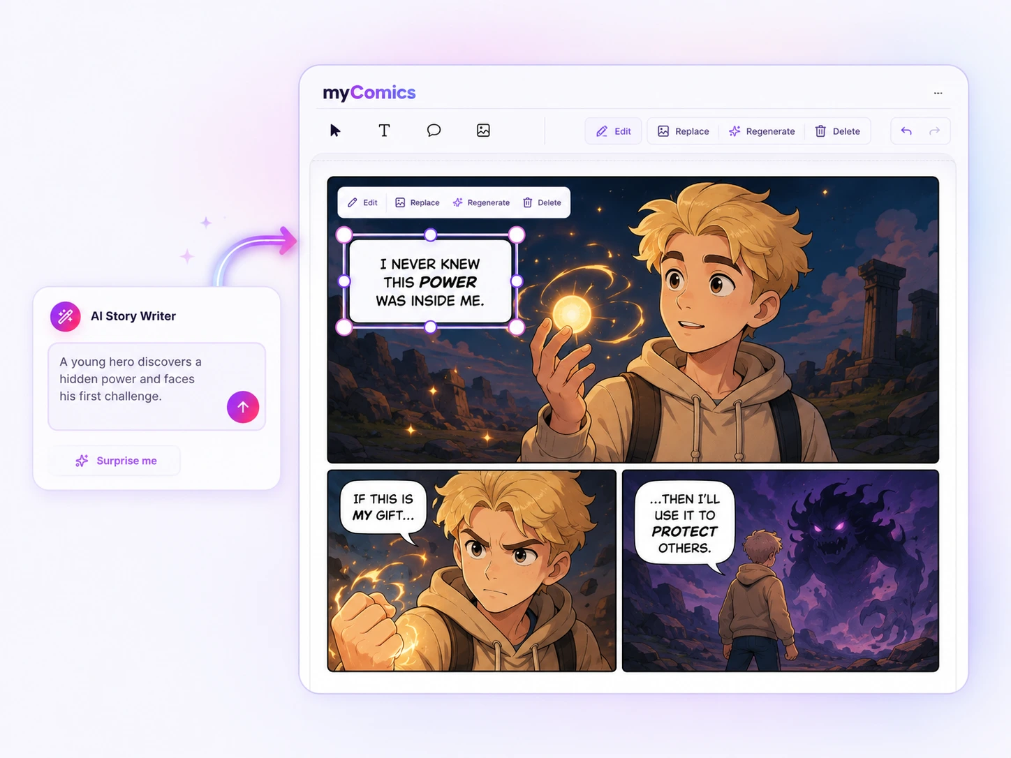 The myComics.ai editor with a comic panel, characters and dialogue being edited