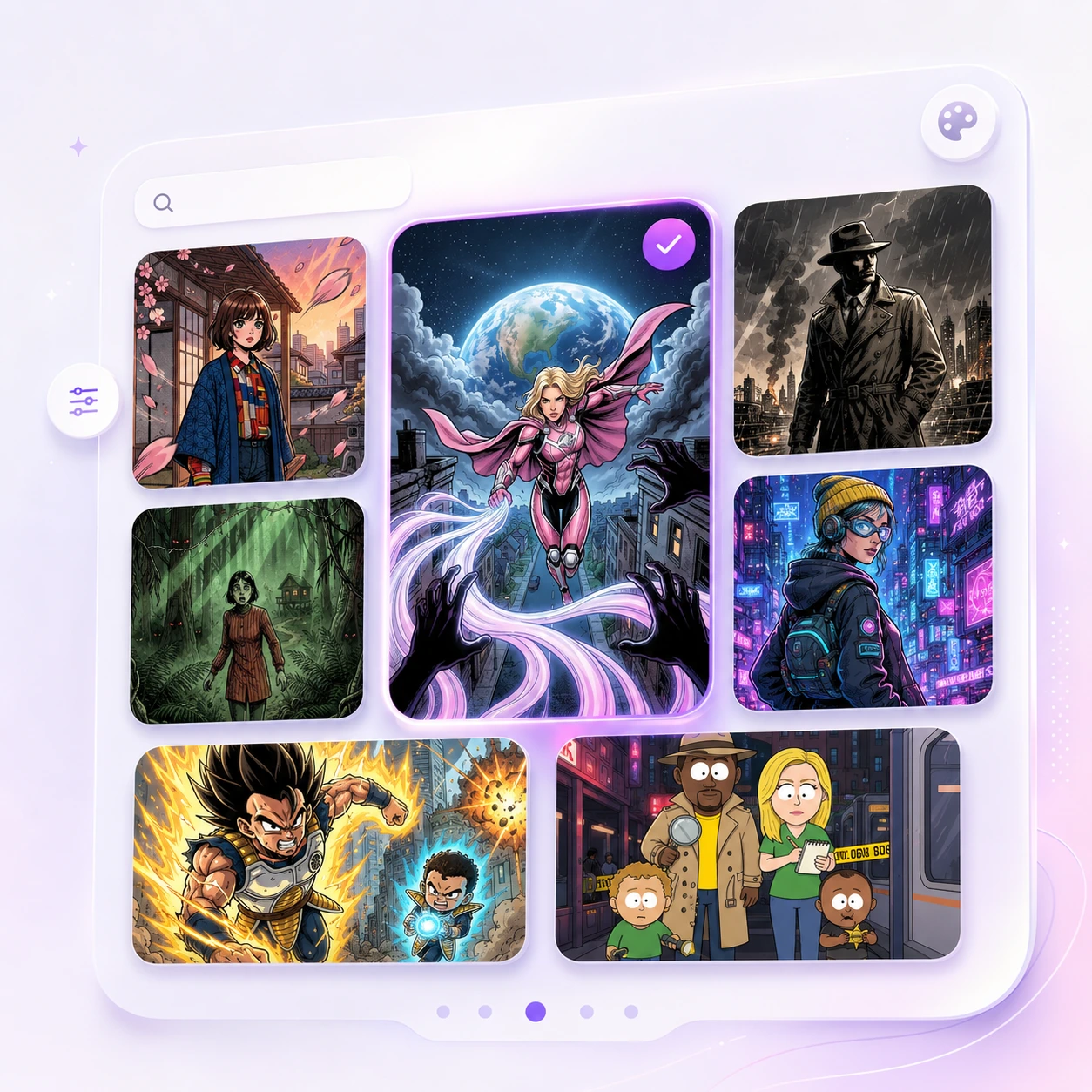 A grid of AI comic art styles available in myComics.ai, manga, anime, cartoon, 3D, pixel art, noir and superhero