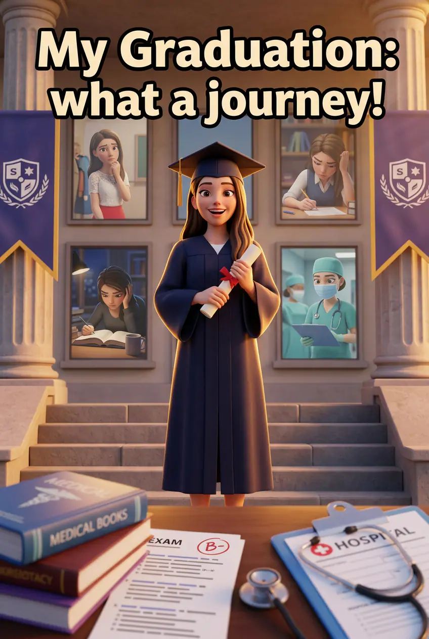 Graduation comic book cover with cap and gown hero